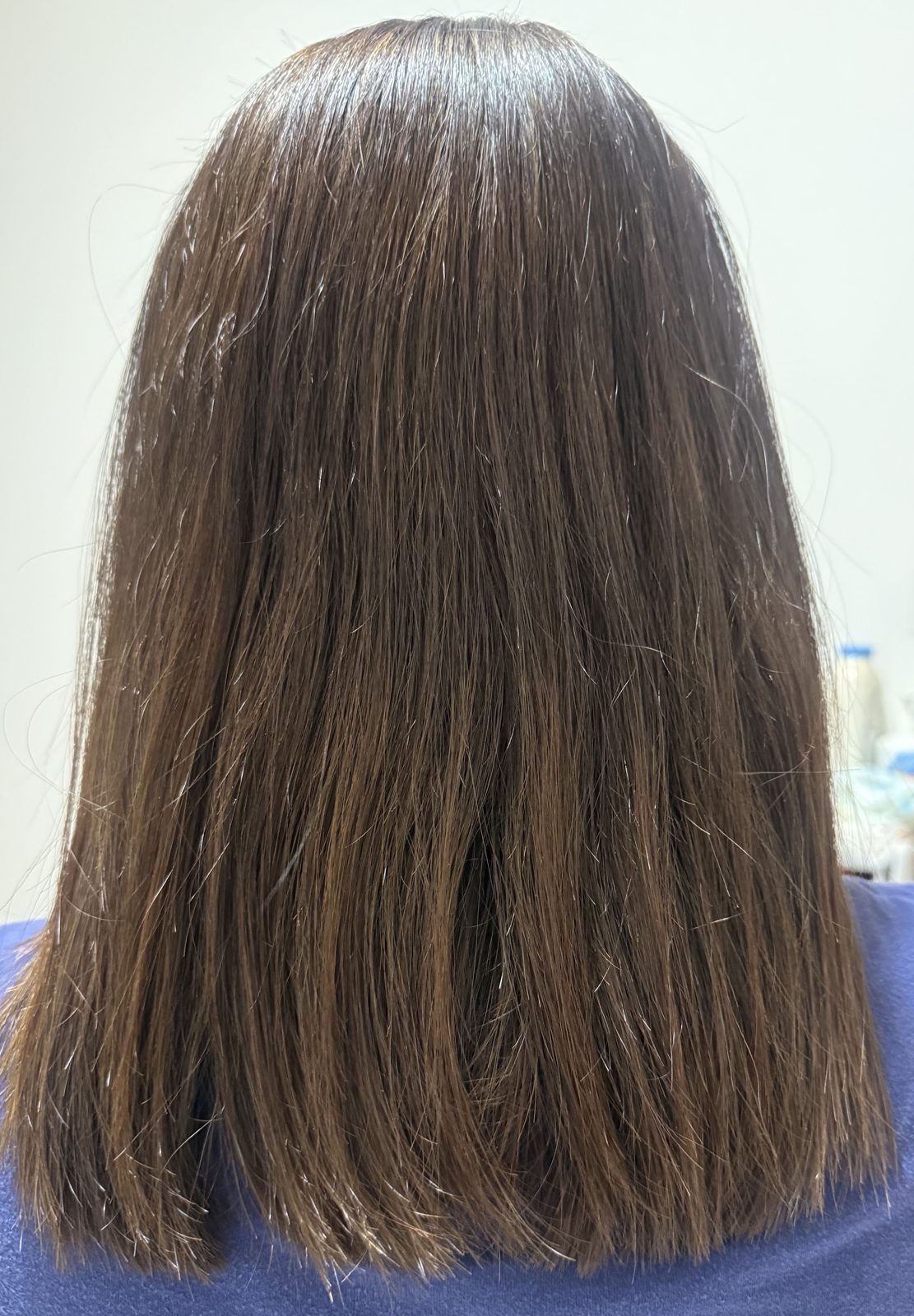 Finished ash brown hair photographed from behind